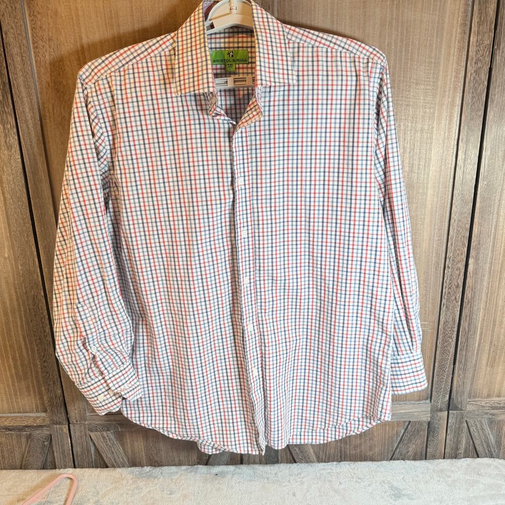 Bristol & Bull Men's XL Red Blue Check Dress Shirt Contrast Paisley Cuffs
